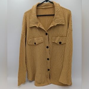 Bucketlist Mustard Yellow Cable Knit Shacket Button Up Raw Cozy Boho Hygee